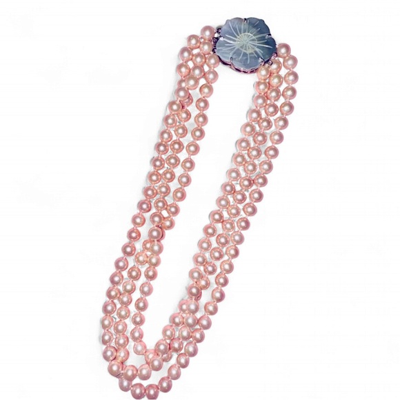 Jewelry - Elegant FAUX 3 strand FAUX Pearl Necklace W Mother of pearl Floral Clasp